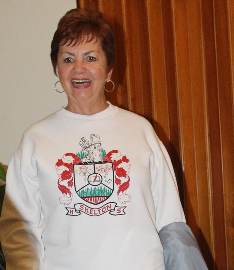 3/1 Reunion Committee Meeting - Mary Lou Younglove Hughes modeling a SHS sweatshirt - picture by Terry Roberts Mills