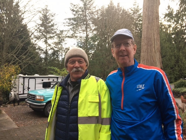 Neal Close & Laurie Somers in front of Closes Irondale home on 20 Nov 2016 ready to head out for a Sunday morning walk.  Neal is a regular and avid walker, Laurie not so much.  Living just two miles apart we enjoy the opportunity to get together & walking